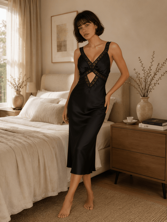 Black Satin Midi Nightgown with Lace V-Neck and Waist Cutout