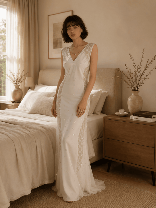 Full Length White Satin Nightgown with Lace V-Neck and Low Back - Comet Lore