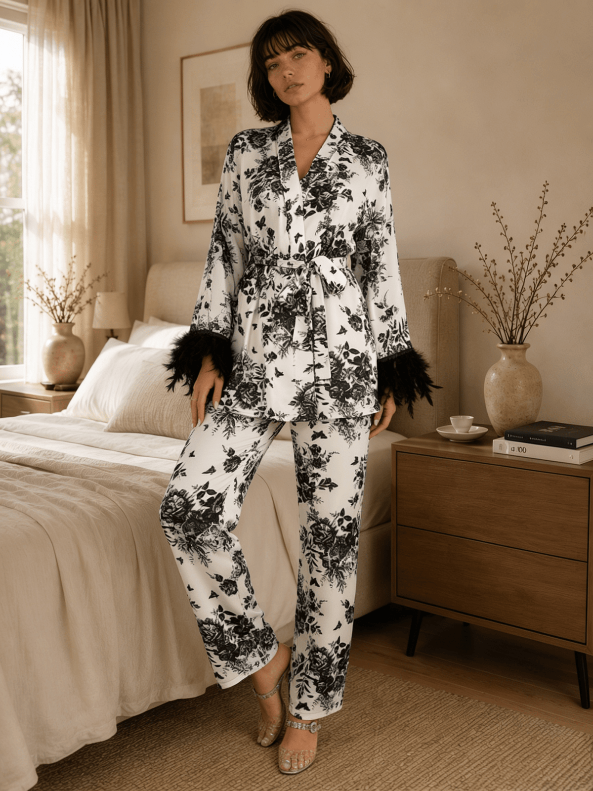Ink Print Long Satin Pyjama Set with Feather-Effect Cuffs