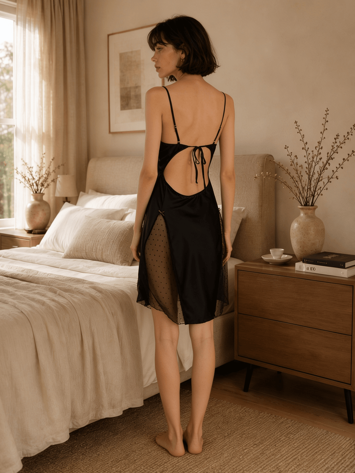 Lace Cup Nightie with Tie Back and Split Hem