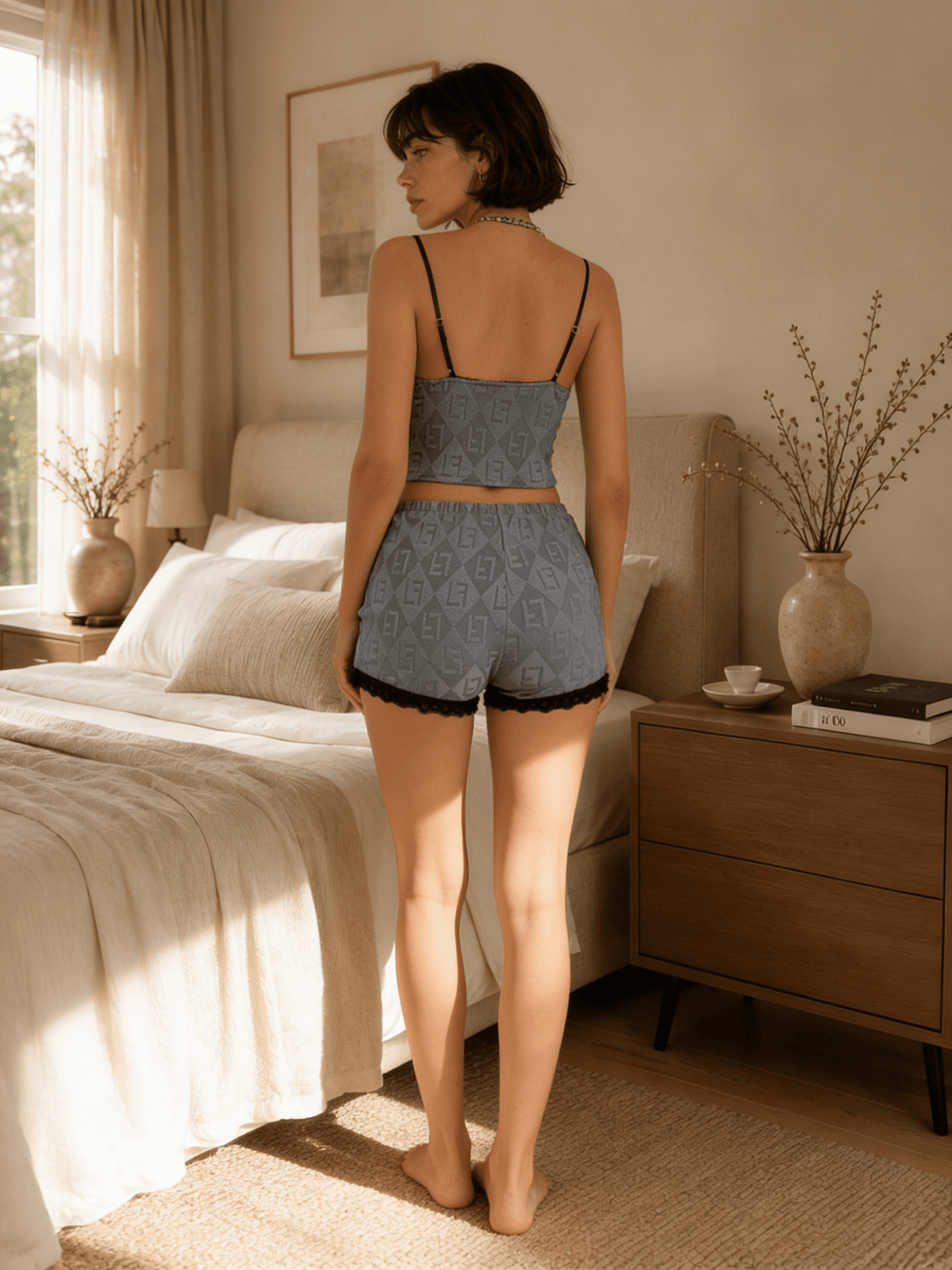 Light Blue Patterned Camisole Pyjama Set with Contrast Lace Trim
