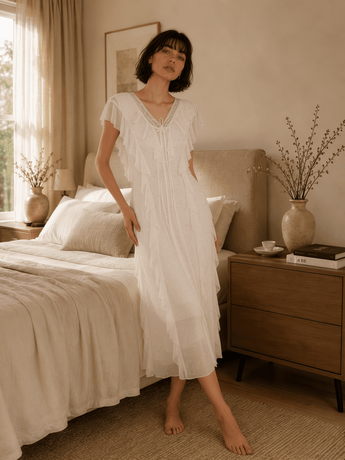 Long Floral Lace Nightgown with Flutter Sleeves and Deep V Back - Comet Lore