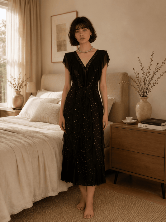 Long Floral Lace Nightgown with Flutter Sleeves and Deep V Back - Comet Lore