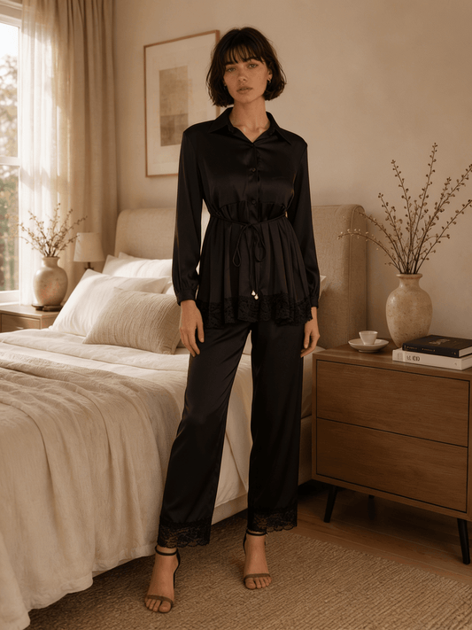 Long Satin Pyjama Set with Sheer Polka Dot Back and Tie Waist - Comet Lore