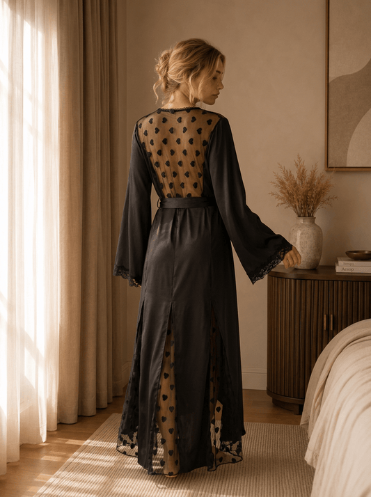 Long Satin Robe with Sheer Polka Dot Back and Hem Panels - Comet Lore