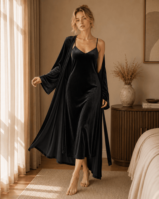 Long Velvet Robe and Nightie Set with Wide Bell Sleeves - Comet Lore