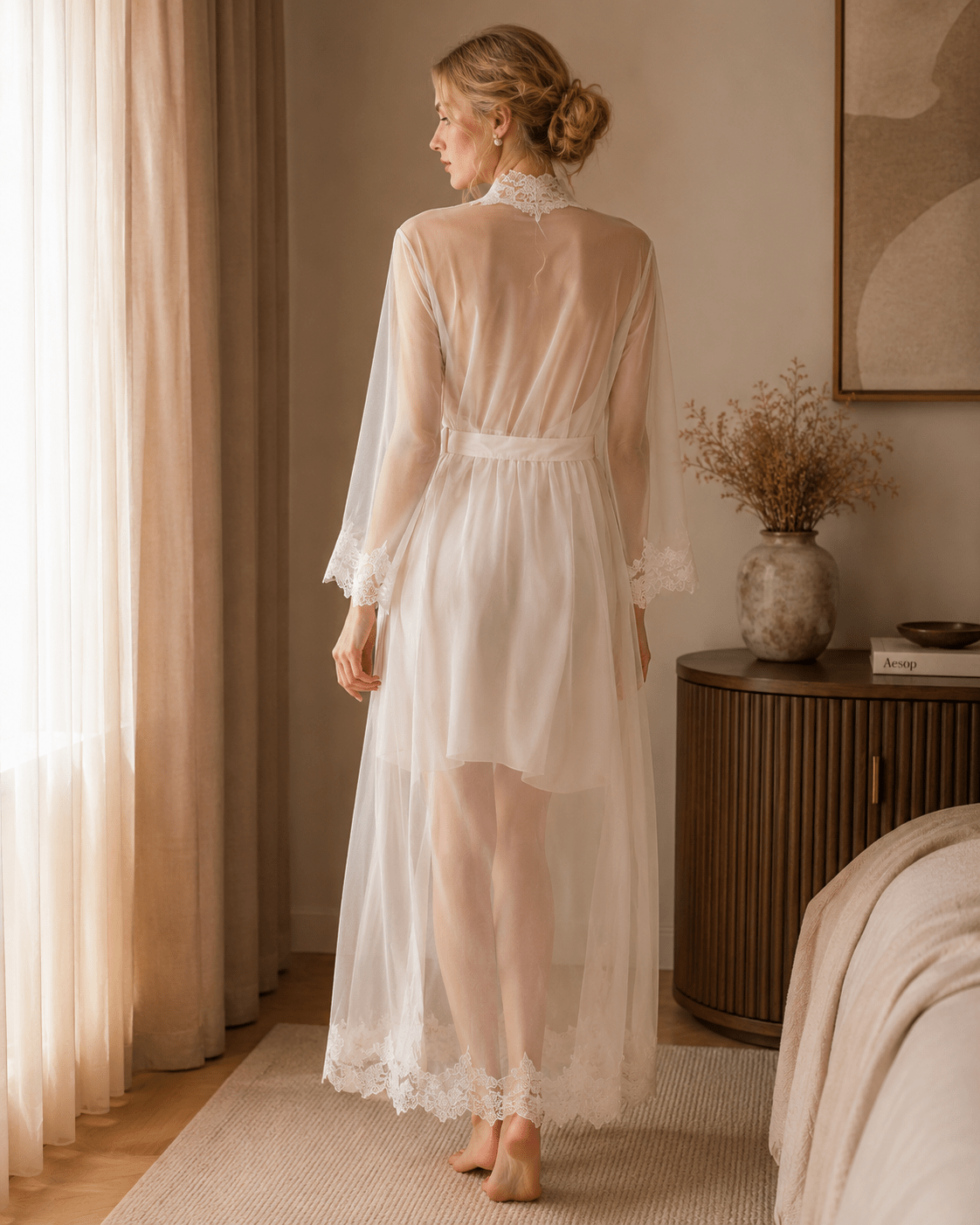 Long White Sheer Lace Robe with Ruffled Floral Trim