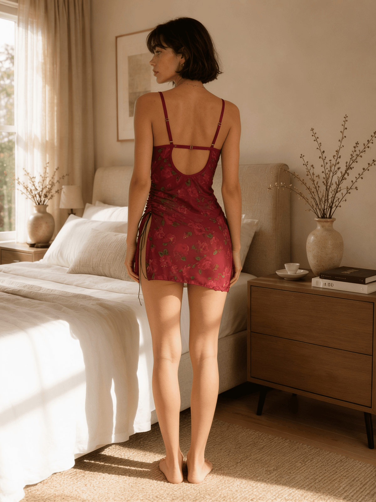 Rose Print Sheer Nightie with Lace Cups and Side Slit
