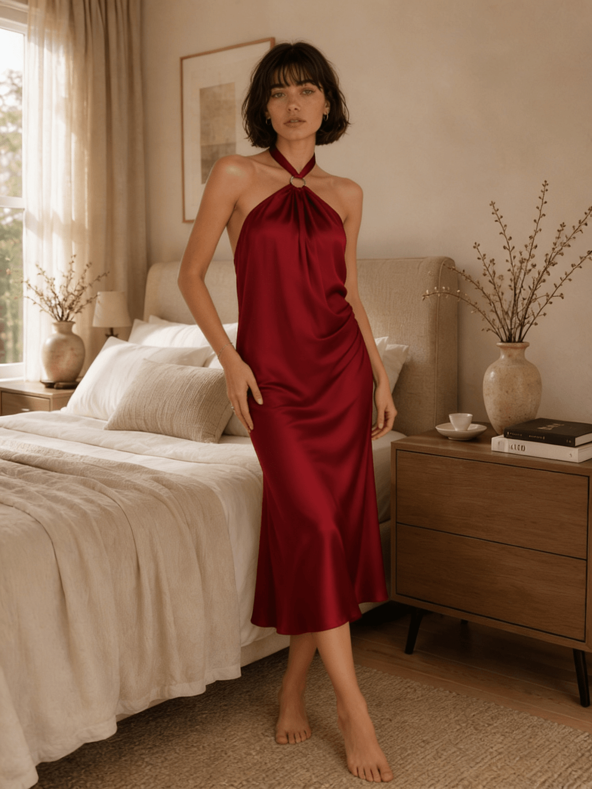 Satin Halter Midi Nightgown with Gathered Neckline and Open Back