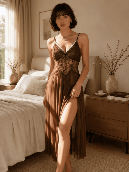 Sheer Midi Nightgown with Lace Bodice and Front Slit - Comet Lore