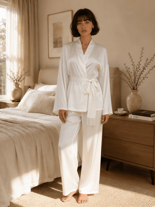 White Satin Wrap Pyjama Set with Wide Sleeves and Long Trousers - Comet Lore