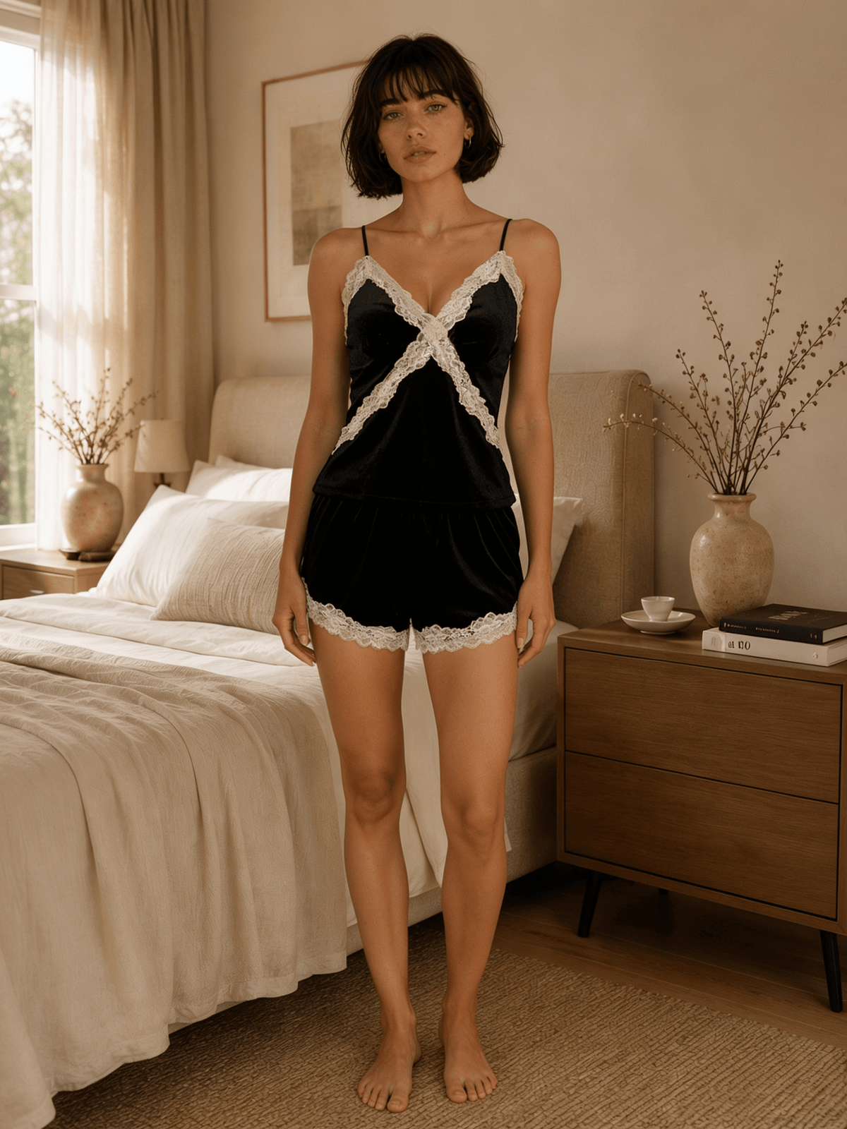 Black Camisole Pyjama Set with Contrast Lace Trim and Shorts