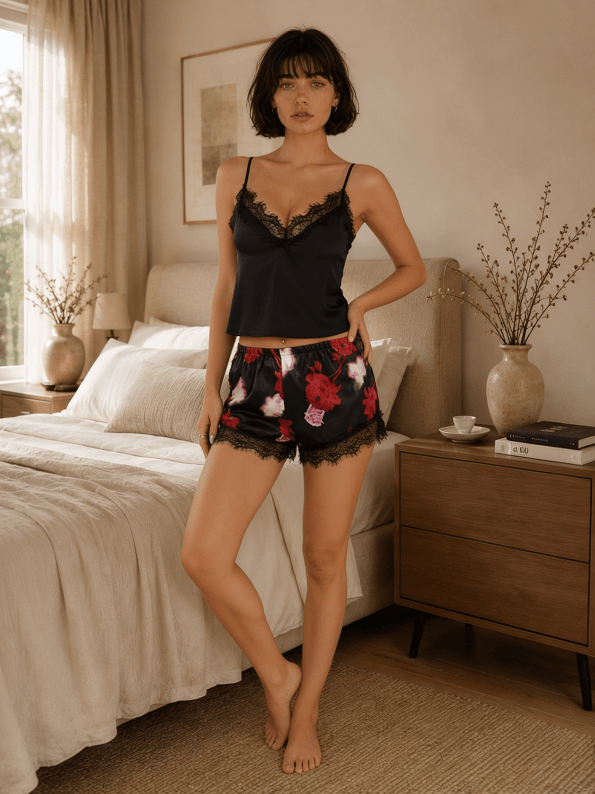 Black Printed Camisole Pyjama Set with Lace Trim and Shorts