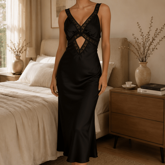 Black Satin Midi Nightgown with Lace V-Neck and Waist Cutout