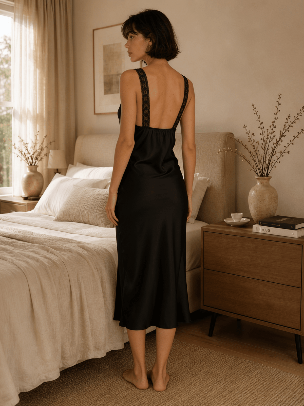 Black Satin Midi Nightgown with Lace V-Neck and Waist Cutout