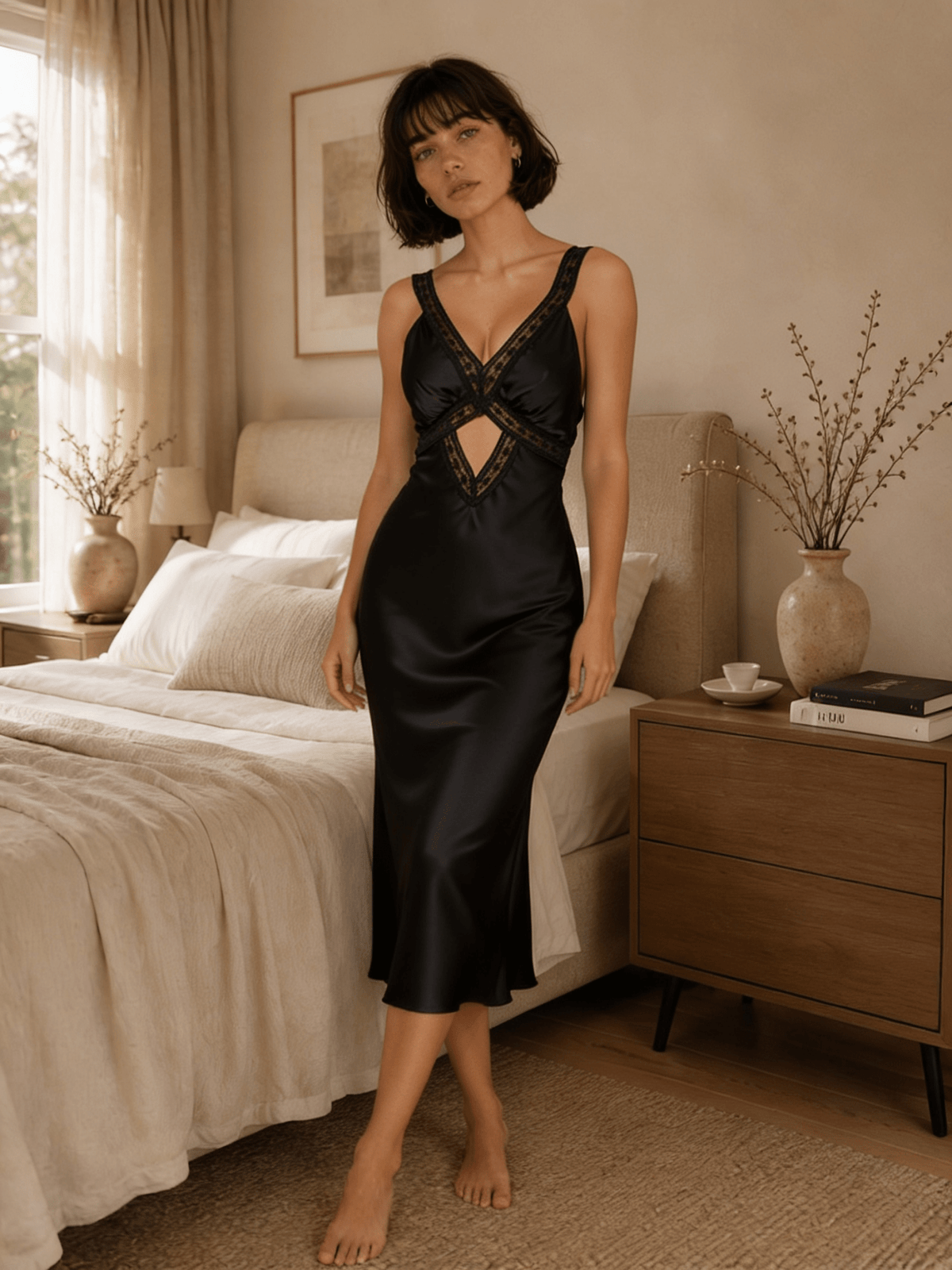 Black Satin Midi Nightgown with Lace V-Neck and Waist Cutout