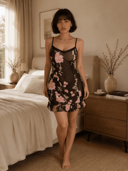Black Sheer Floral Nightie with Square Neckline and Lace Trim - Comet Lore