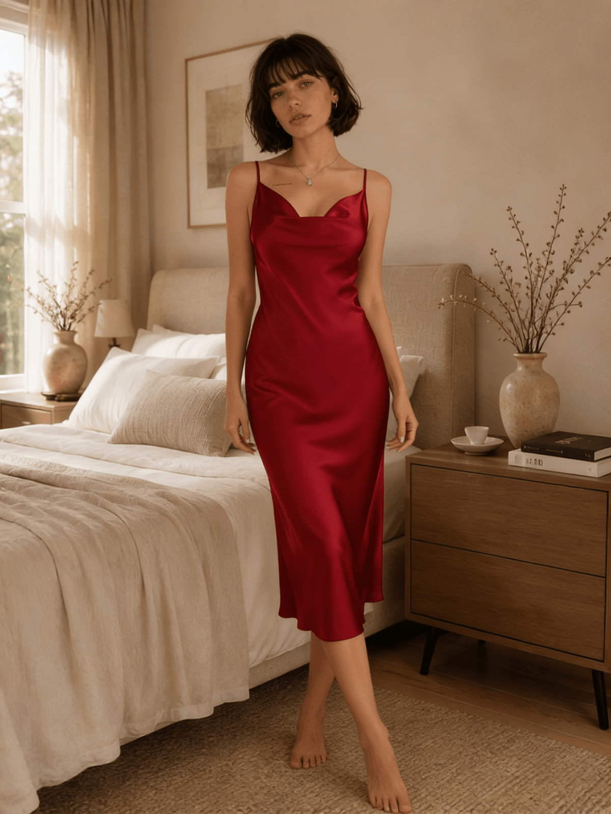 Burgundy Satin Midi Nightgown with Cowl Neck and Tie Back
