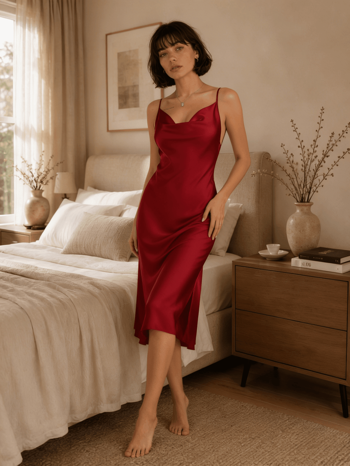 Burgundy Satin Midi Nightgown with Cowl Neck and Tie Back - Comet Lore