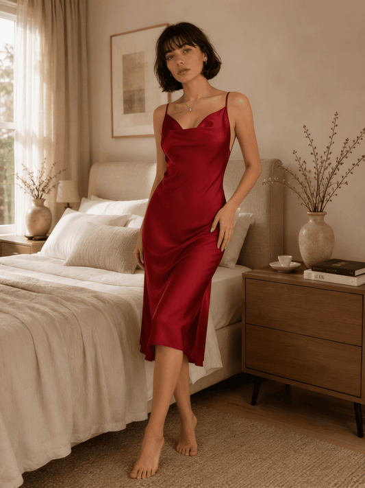 Burgundy Satin Midi Nightgown with Cowl Neck and Tie Back - Comet Lore