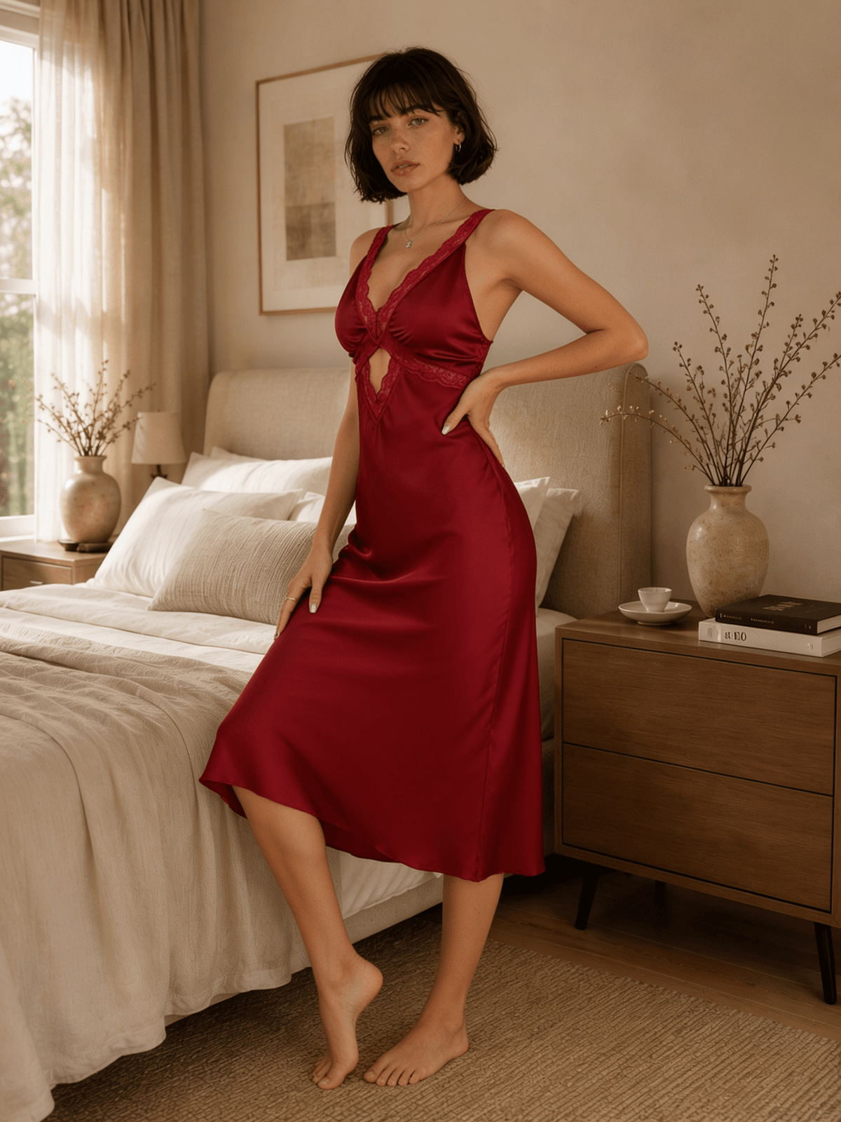 Burgundy Satin Midi Nightgown with Twisted Lace Bodice