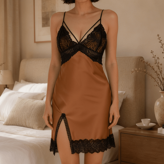 Coffee Brown Satin Nightie with Strappy Lace Cups and Side Slit