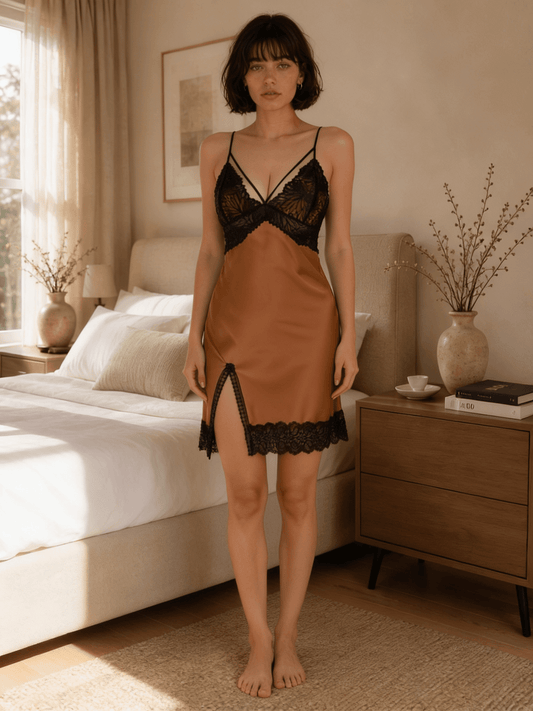Coffee Brown Satin Nightie with Strappy Lace Cups and Side Slit - Comet Lore