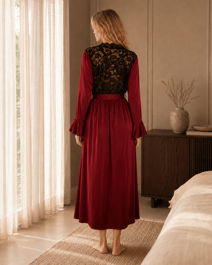 Full Length Satin Lace Robe with Fitted Waist and Flared Cuffs