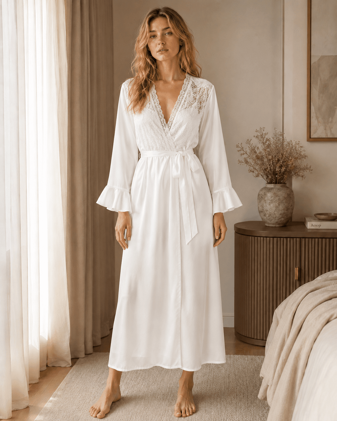 Full Length Satin Lace Robe with Fitted Waist and Flared Cuffs - Comet Lore