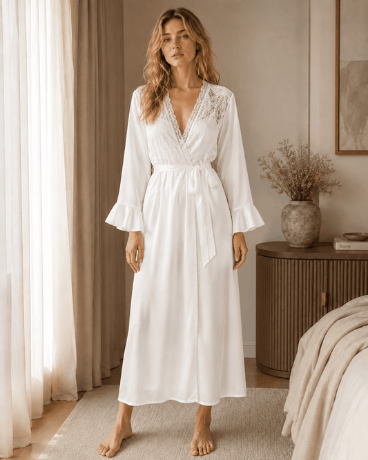 Full Length Satin Lace Robe with Fitted Waist and Flared Cuffs - Comet Lore