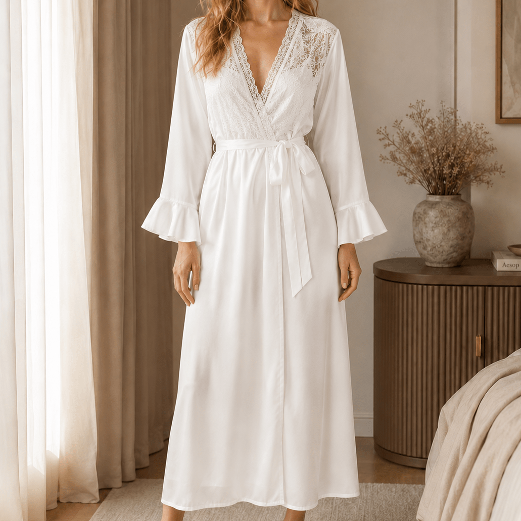 Full Length Satin Lace Robe with Fitted Waist and Flared Cuffs