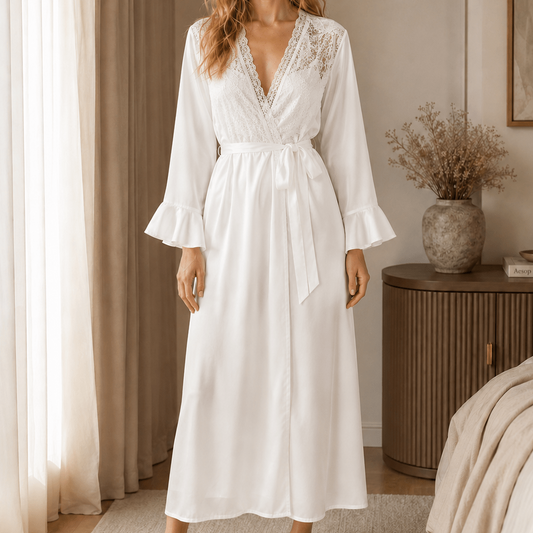 Full Length Satin Lace Robe with Fitted Waist and Flared Cuffs