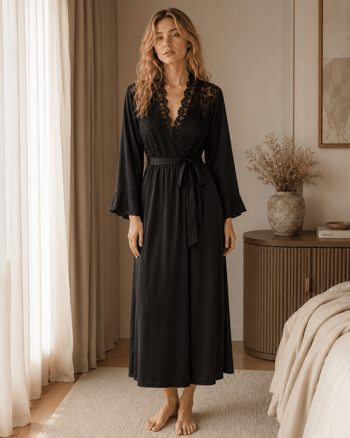 Full Length Satin Lace Robe with Fitted Waist and Flared Cuffs - Comet Lore