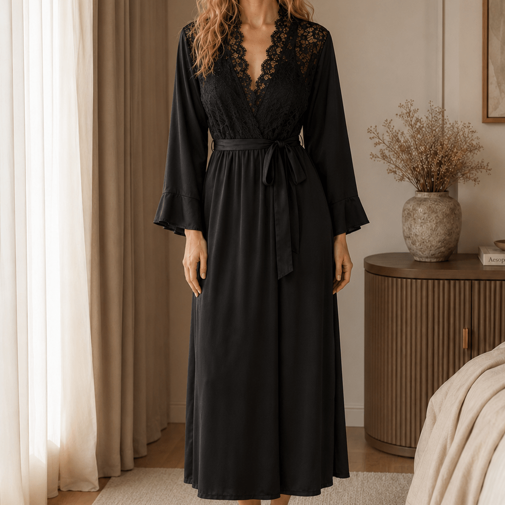 Full Length Satin Lace Robe with Fitted Waist and Flared Cuffs
