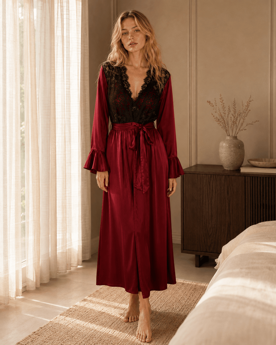 Full Length Satin Lace Robe with Fitted Waist and Flared Cuffs - Comet Lore