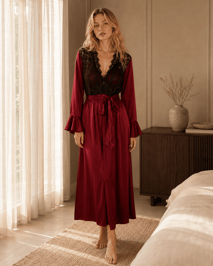 Full Length Satin Lace Robe with Fitted Waist and Flared Cuffs - Comet Lore