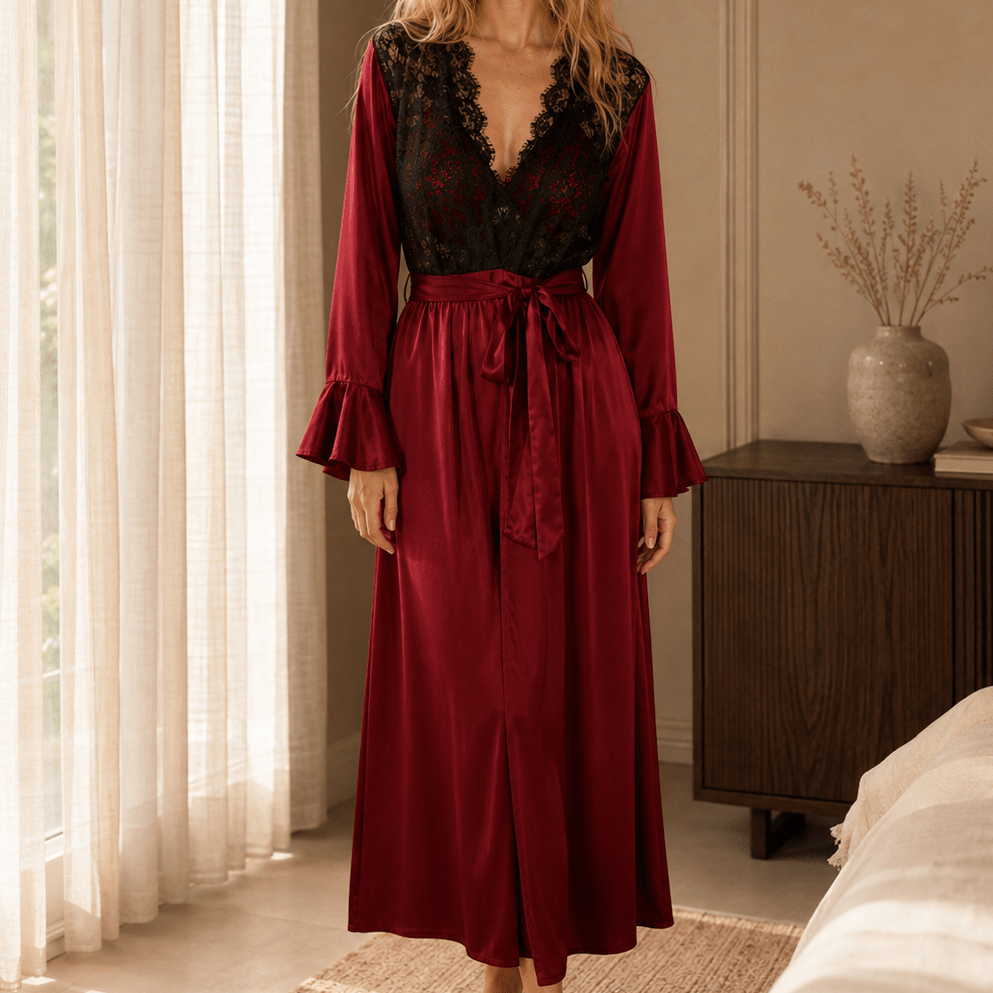 Full Length Satin Lace Robe with Fitted Waist and Flared Cuffs