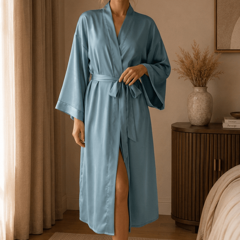 Full Length Satin Wrap Robe with Flowing Wide Sleeves