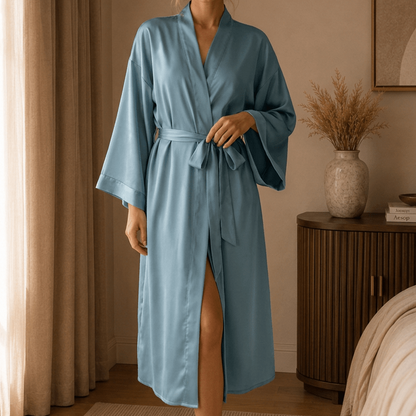 Full Length Satin Wrap Robe with Flowing Wide Sleeves