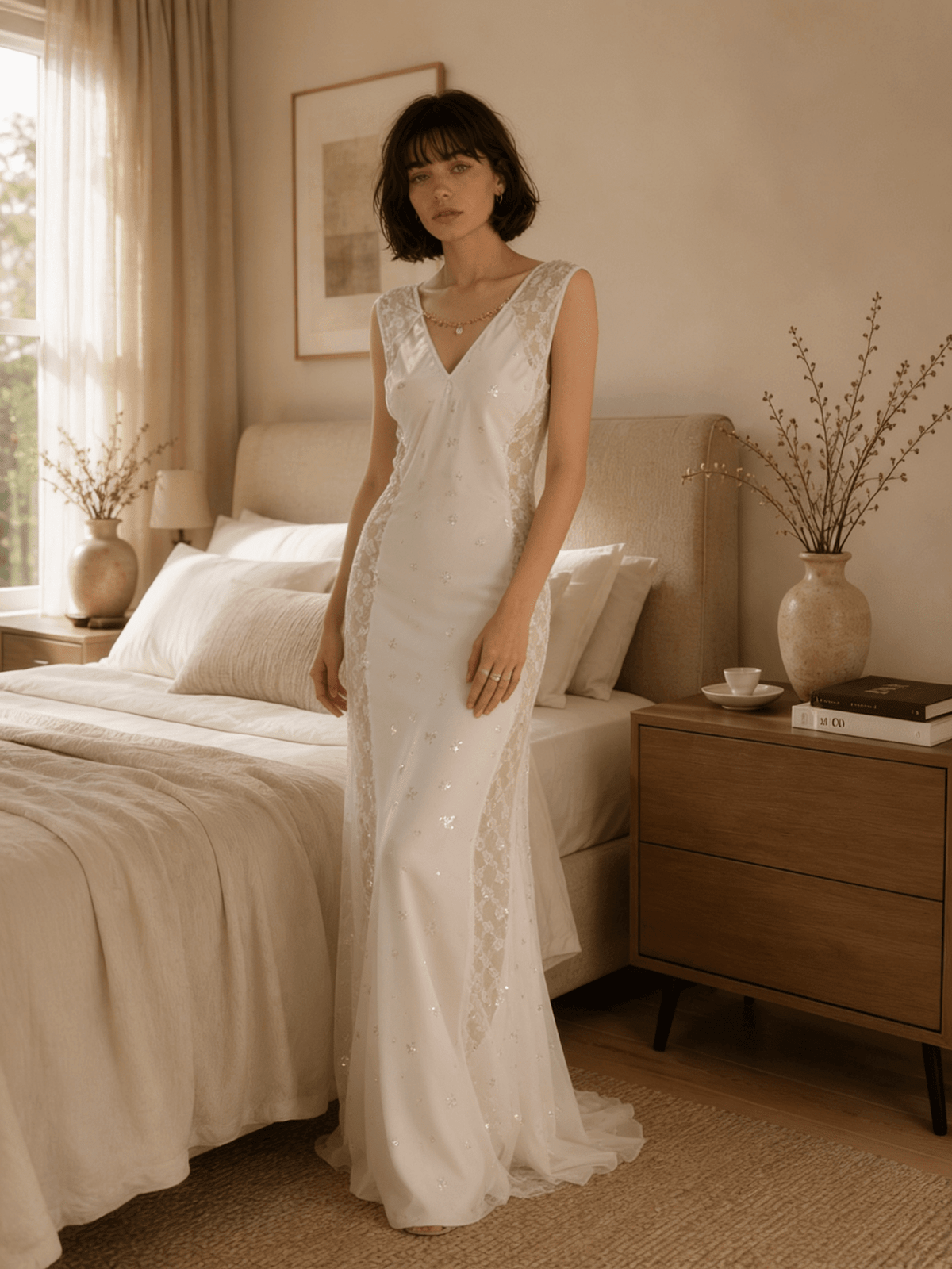 Full Length White Satin Nightgown with Lace V-Neck and Low Back - Comet Lore