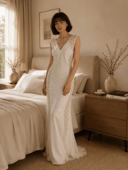Full Length White Satin Nightgown with Lace V-Neck and Low Back - Comet Lore
