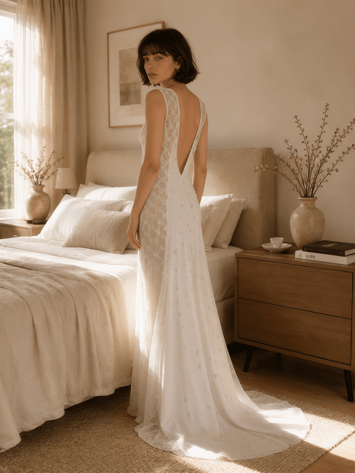 Full Length White Satin Nightgown with Lace V-Neck and Low Back