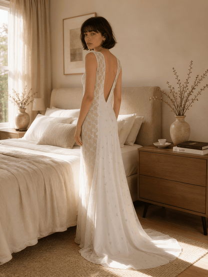 Full Length White Satin Nightgown with Lace V-Neck and Low Back