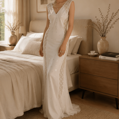 Full Length White Satin Nightgown with Lace V-Neck and Low Back