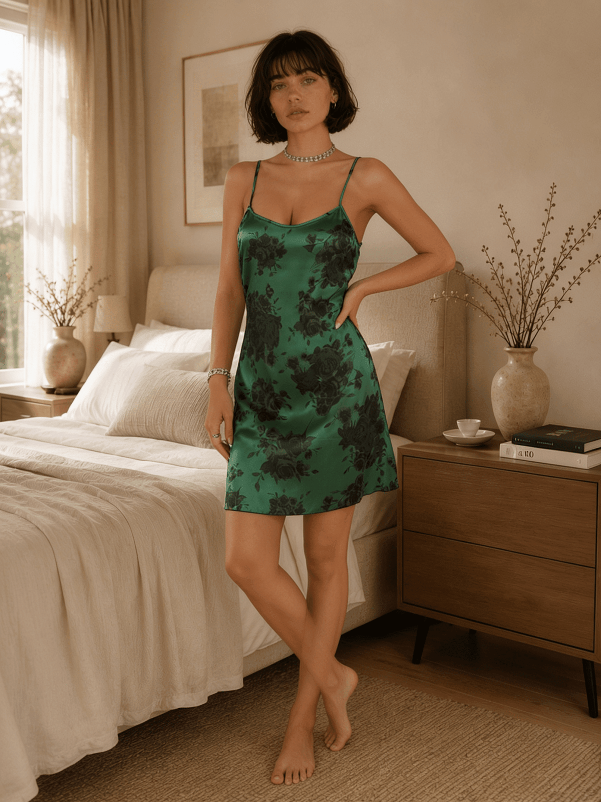 Green Rose Print Satin Nightie with Scoop Neck and Slim Straps - Comet Lore
