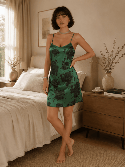 Green Rose Print Satin Nightie with Scoop Neck and Slim Straps - Comet Lore