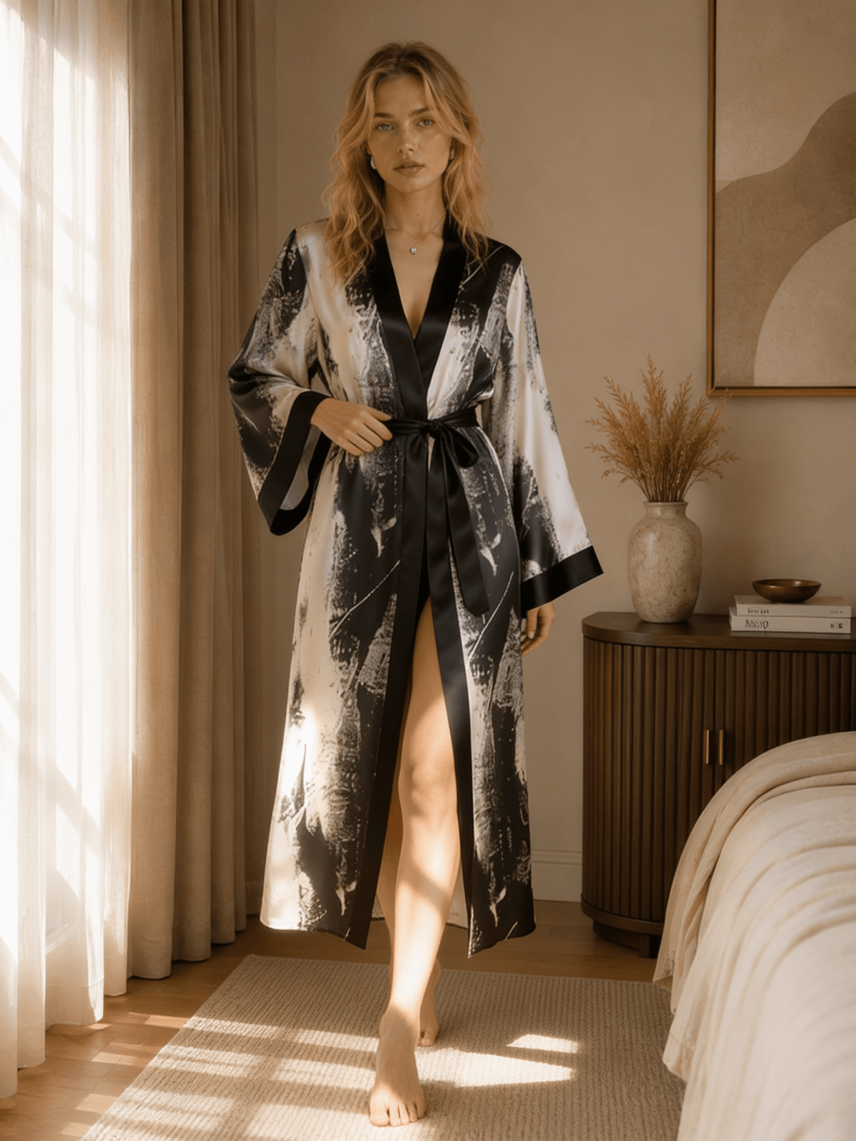 Ink Print Kimono Robe with Contrast Trim and Wide Sleeves