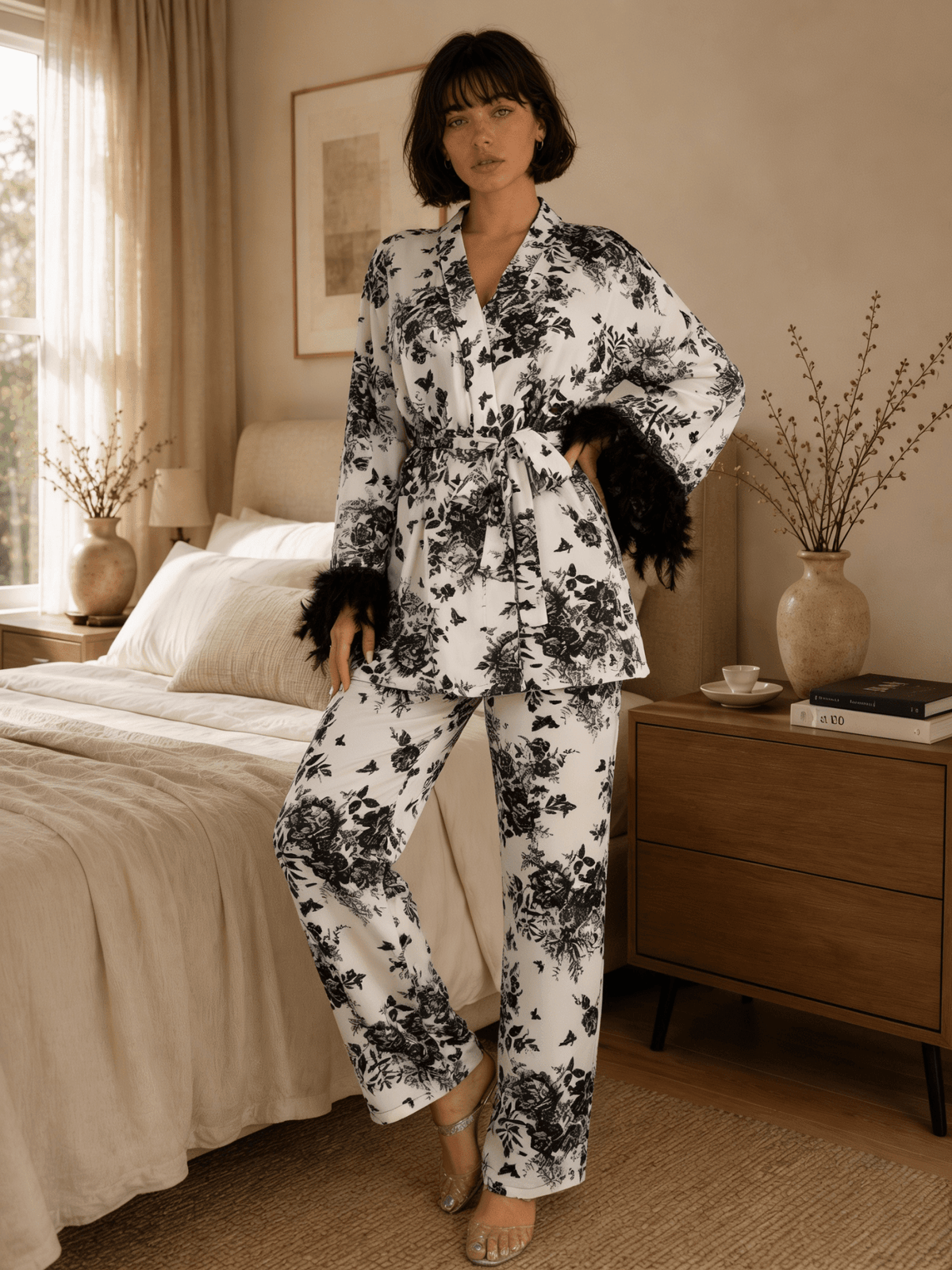 Ink Print Long Satin Pyjama Set with Feather-Effect Cuffs - Comet Lore