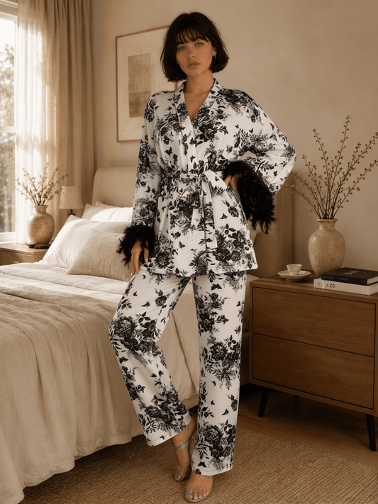 Ink Print Long Satin Pyjama Set with Feather-Effect Cuffs - Comet Lore