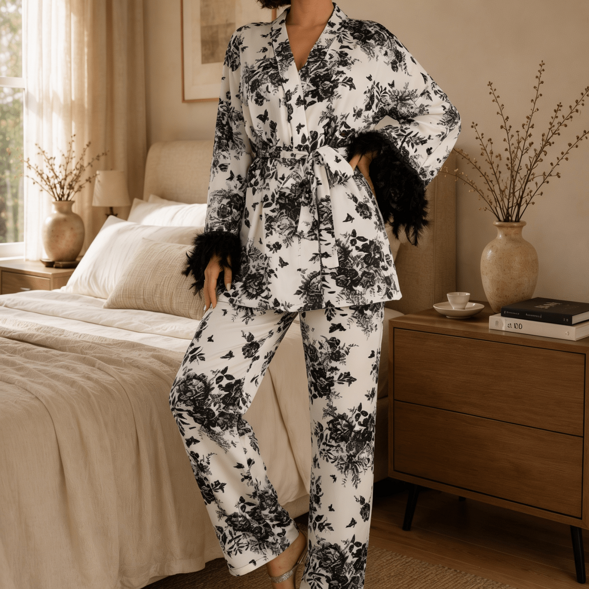 Ink Print Long Satin Pyjama Set with Feather-Effect Cuffs